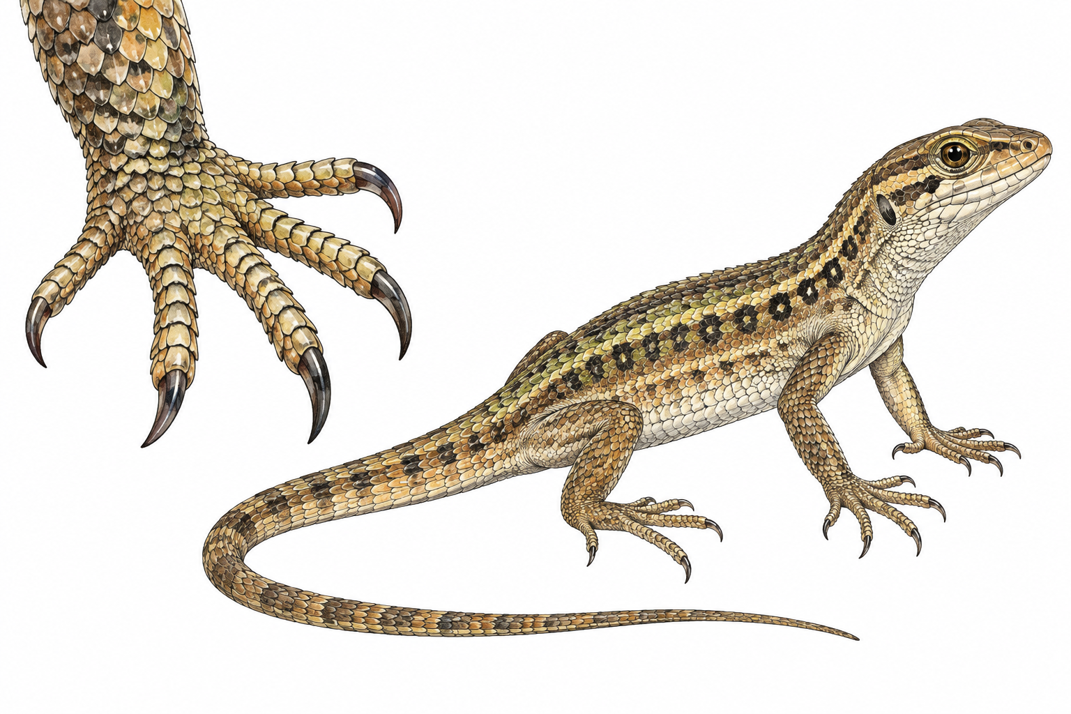 Lizard-like reptilian skin and clawed foot close-up beside complete small lizard, scaly saurian features.