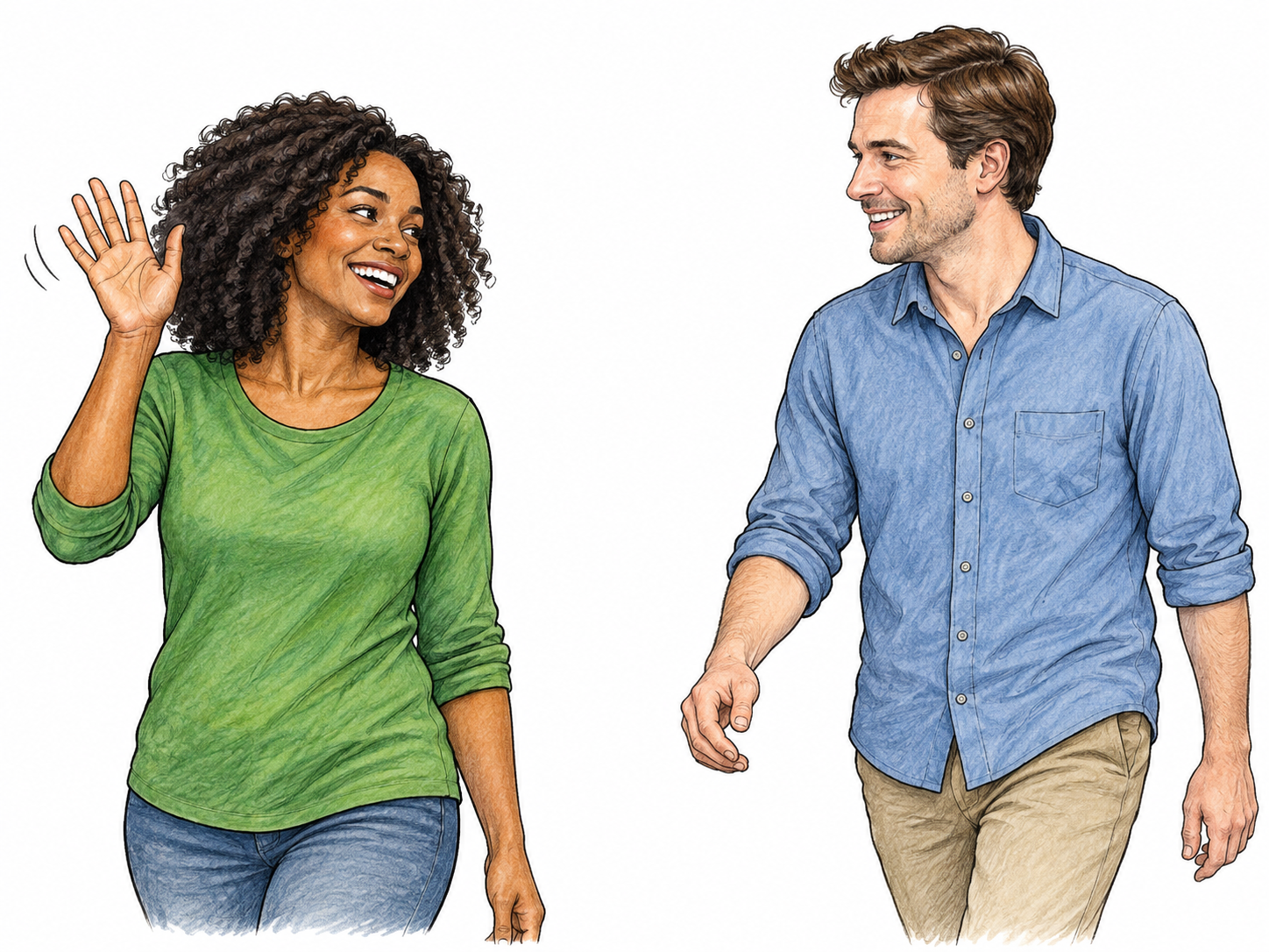 Woman offers friendly open-handed wave to man approaching, expressive greeting conveyed entirely by movement and faces; no speech bubbles or setting clutter.