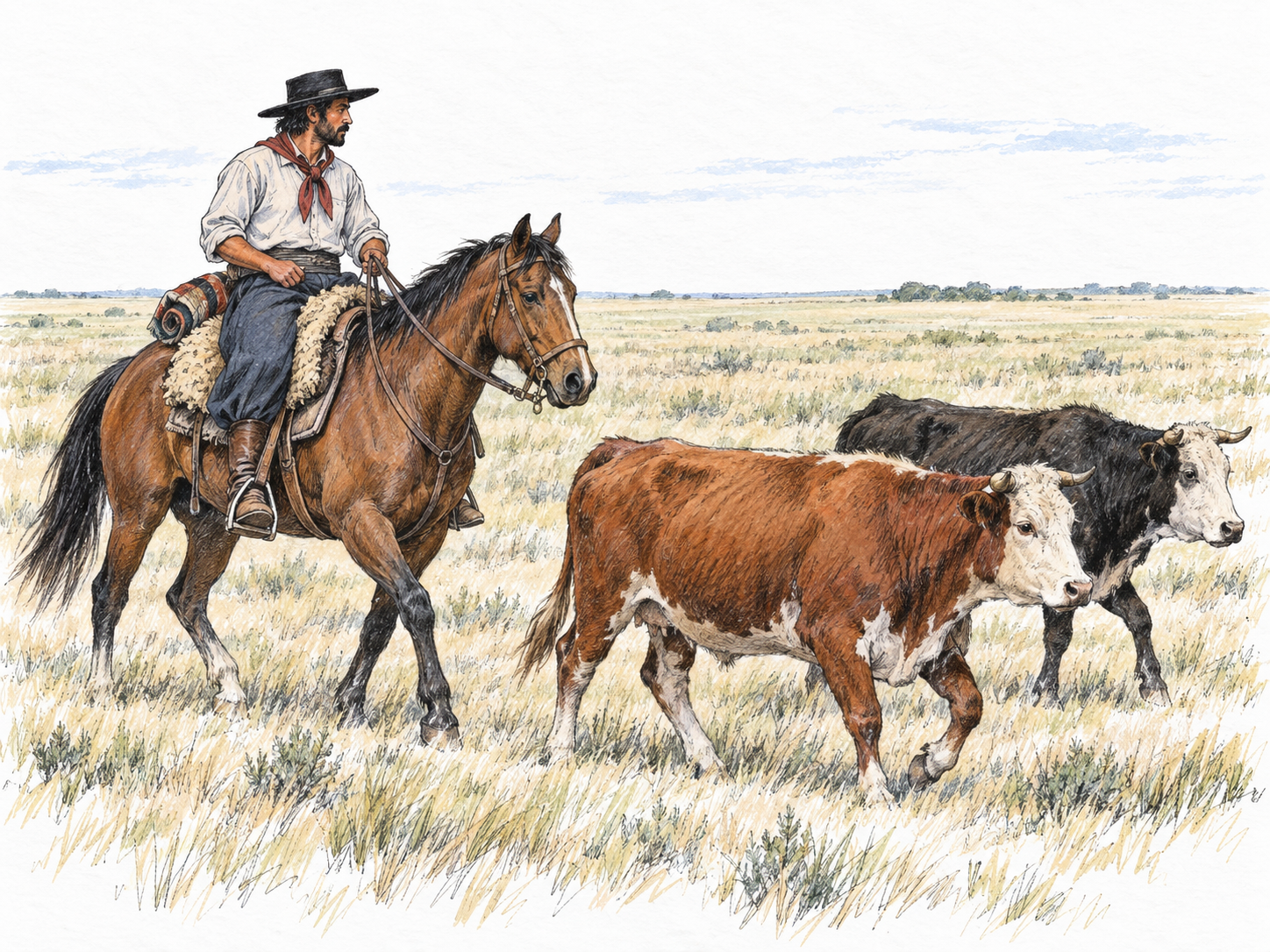 A traditionally dressed Argentine gaucho on horseback herds cattle across the open pampas.