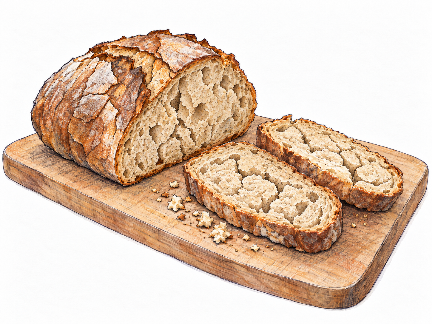 A cut loaf of bread left uncovered on a plain board, with dry, hardened slices and loose crumbs, illustrating the loss of freshness.