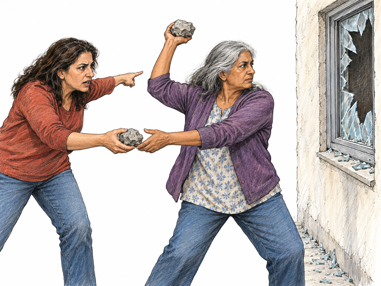An instigator supplies a stone and emphatically directs another person toward a partly smashed window, visibly encouraging further vandalism without doing the smashing herself.