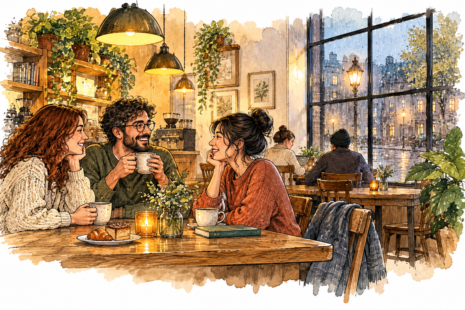 Cozy quiet cafe with warm lamps, relaxed friends and gentle rain outside creates calm atmosphere.
