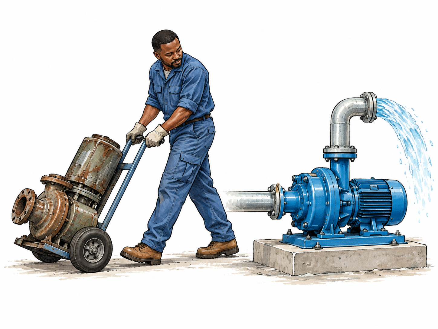 A new efficient water pump takes the central work position while an old worn pump is being wheeled away, replacement of one thing by another clear in a two-stage vignette.