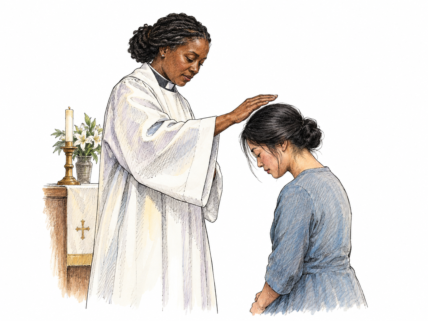 Minister raises a gentle blessing hand over a bowed person's head, respectful prayerful action and no theatrical glow, minimal setting.