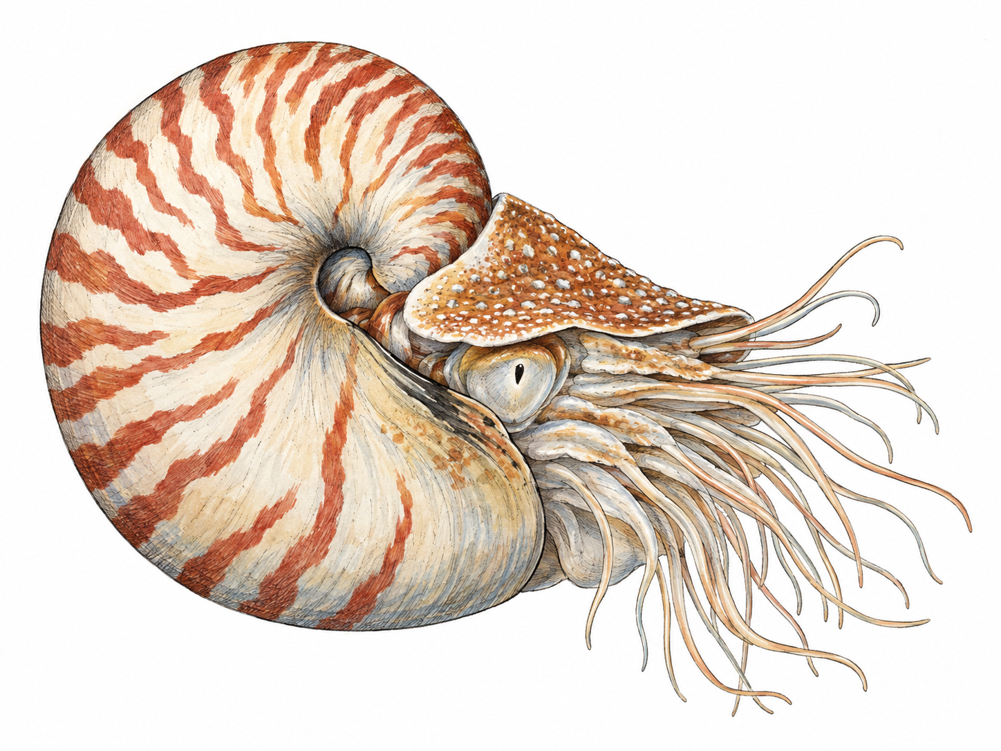 A living chambered nautilus in side view, showing its recognizable striped spiral shell, exposed hood, eye, and cluster of slender tentacles.