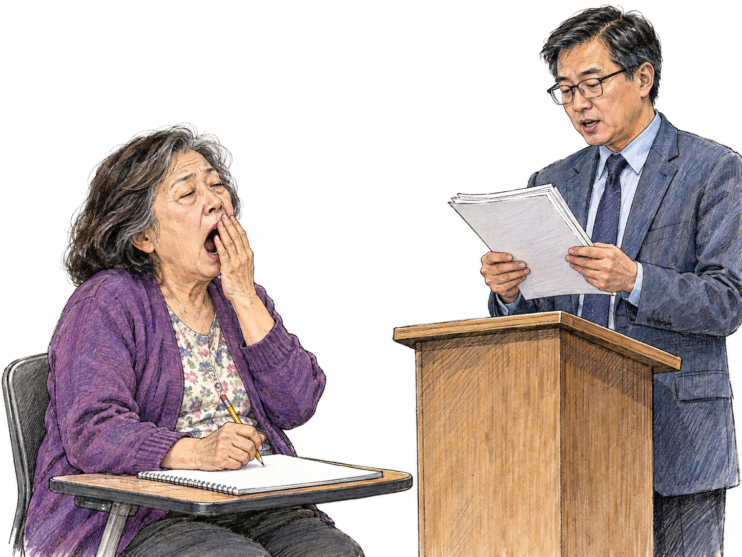 A soporific lecture: an older woman struggles to stay awake as a lecturer reads from a thick stack of notes.