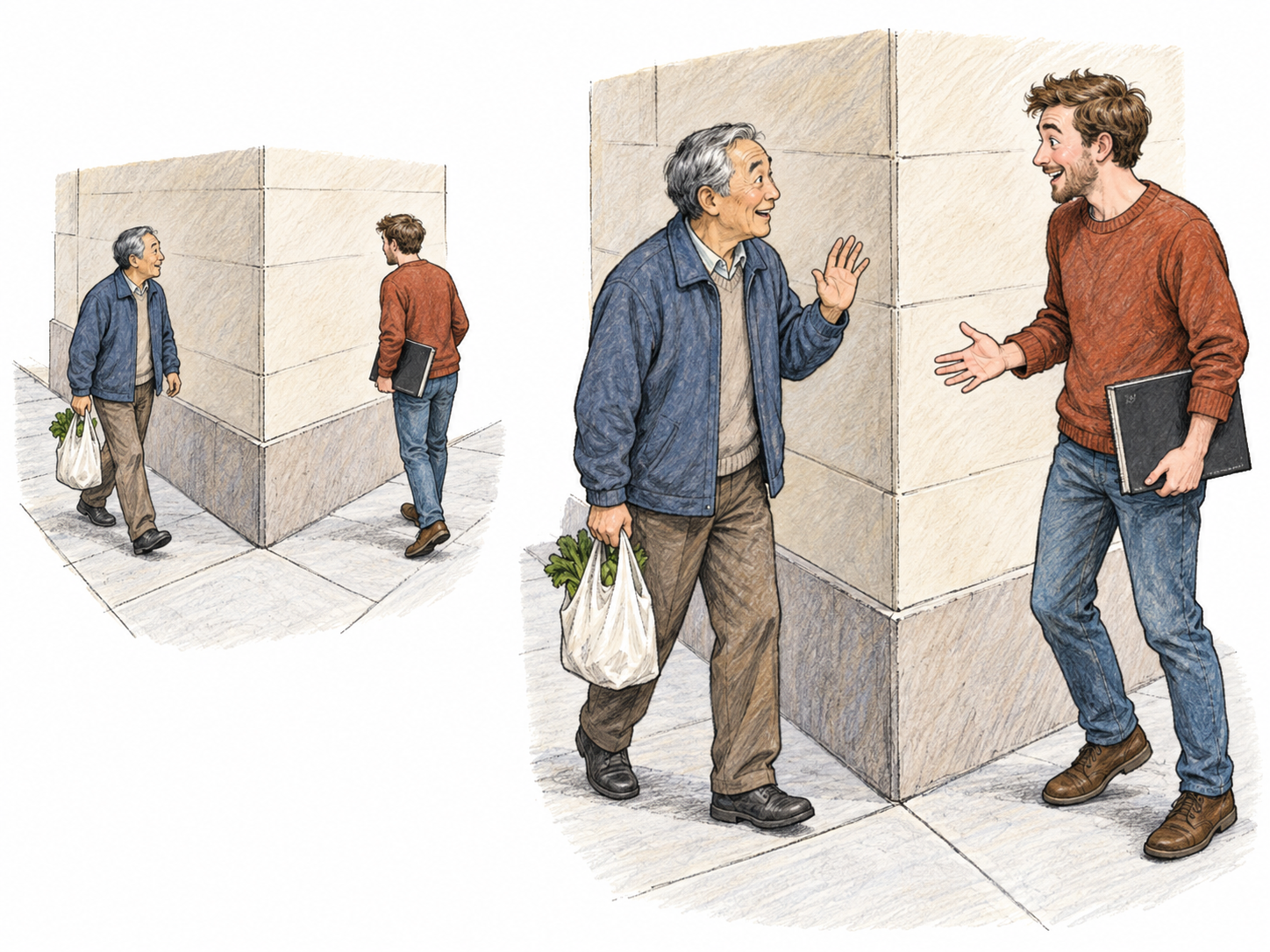 A chance encounter: two men approaching opposite sides of a blind street corner unexpectedly meet and recognize each other.