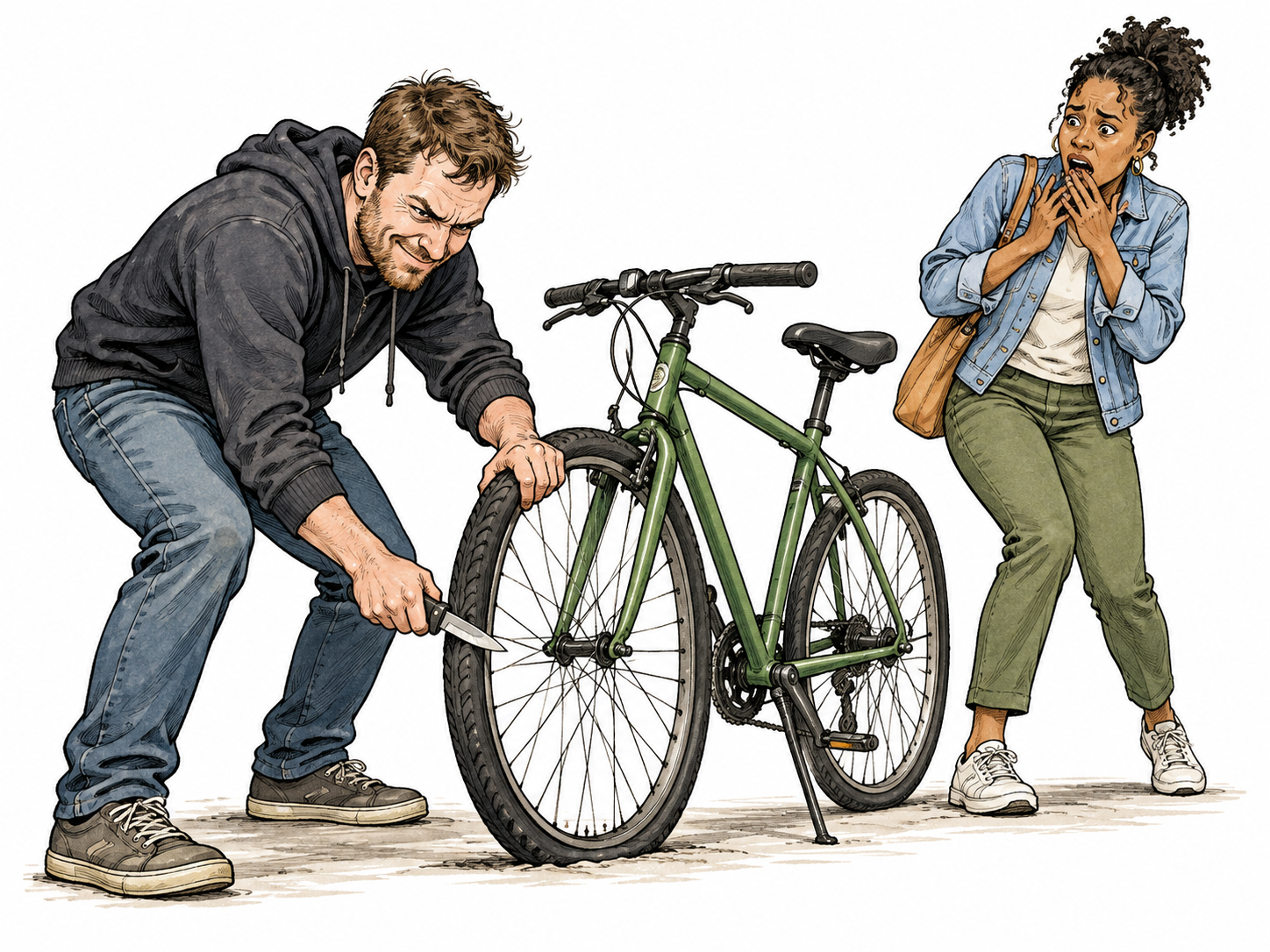 An adult vandal deliberately slashes an empty bicycle tire while the bicycle's owner recoils in distress nearby; no injury to people, act clearly malicious, varied ordinary modern adults.