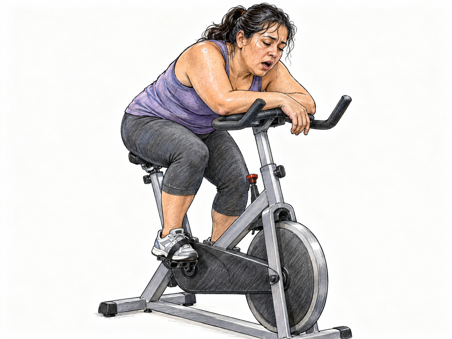 A strenuous stationary-bike workout has exhausted a middle-aged woman: she has stopped pedaling and slumps over the handlebars, visibly spent.