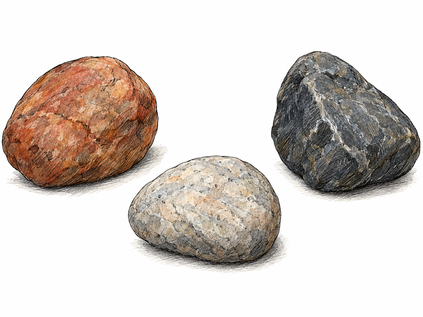 Three separate rounded stones, each with its own complete outline and a broad white gap from the others, make individual, distinct units immediately visible.