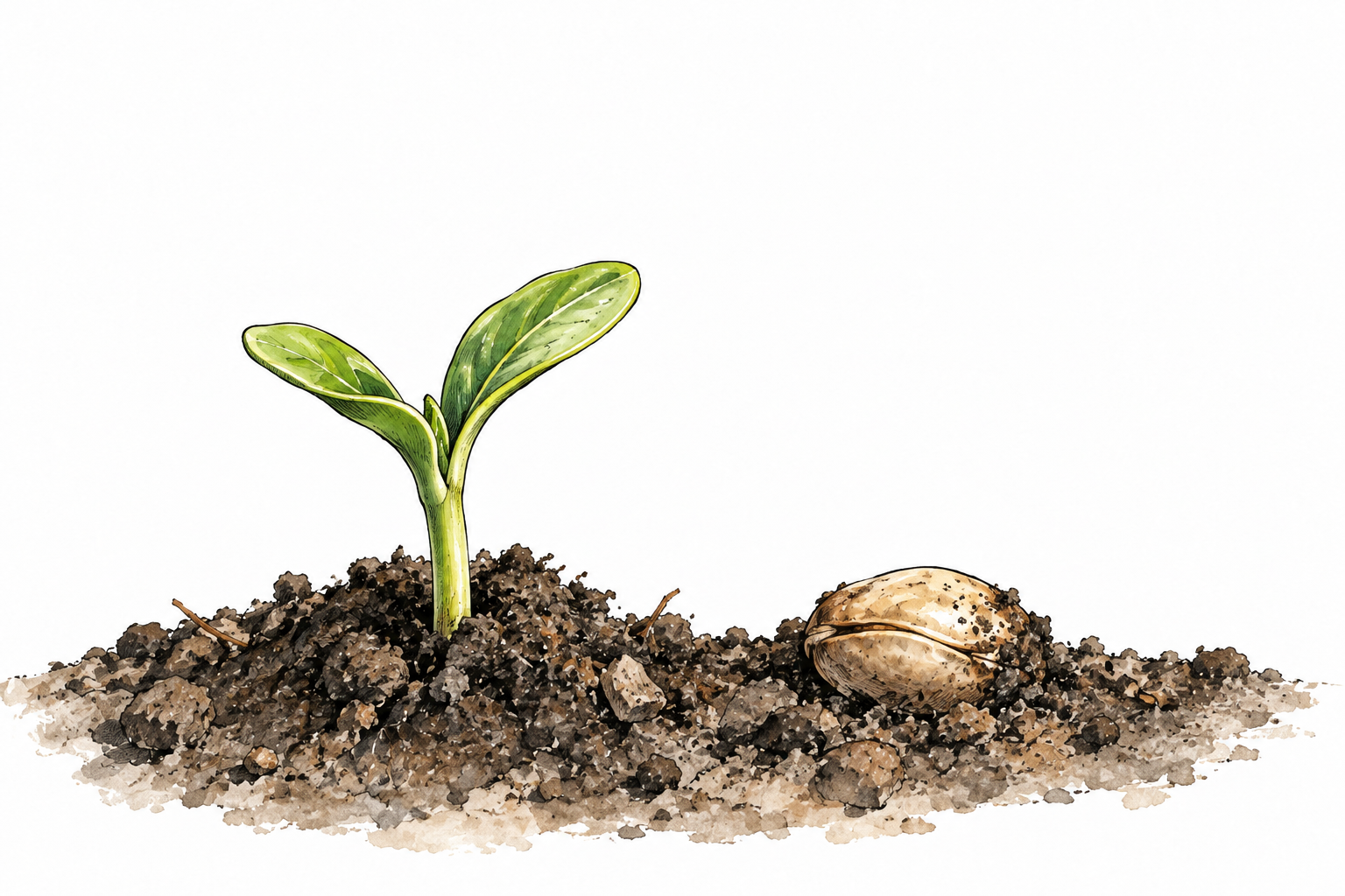 A new green shoot just begins to appear from dark soil beside ungerminated seed, newly developing.