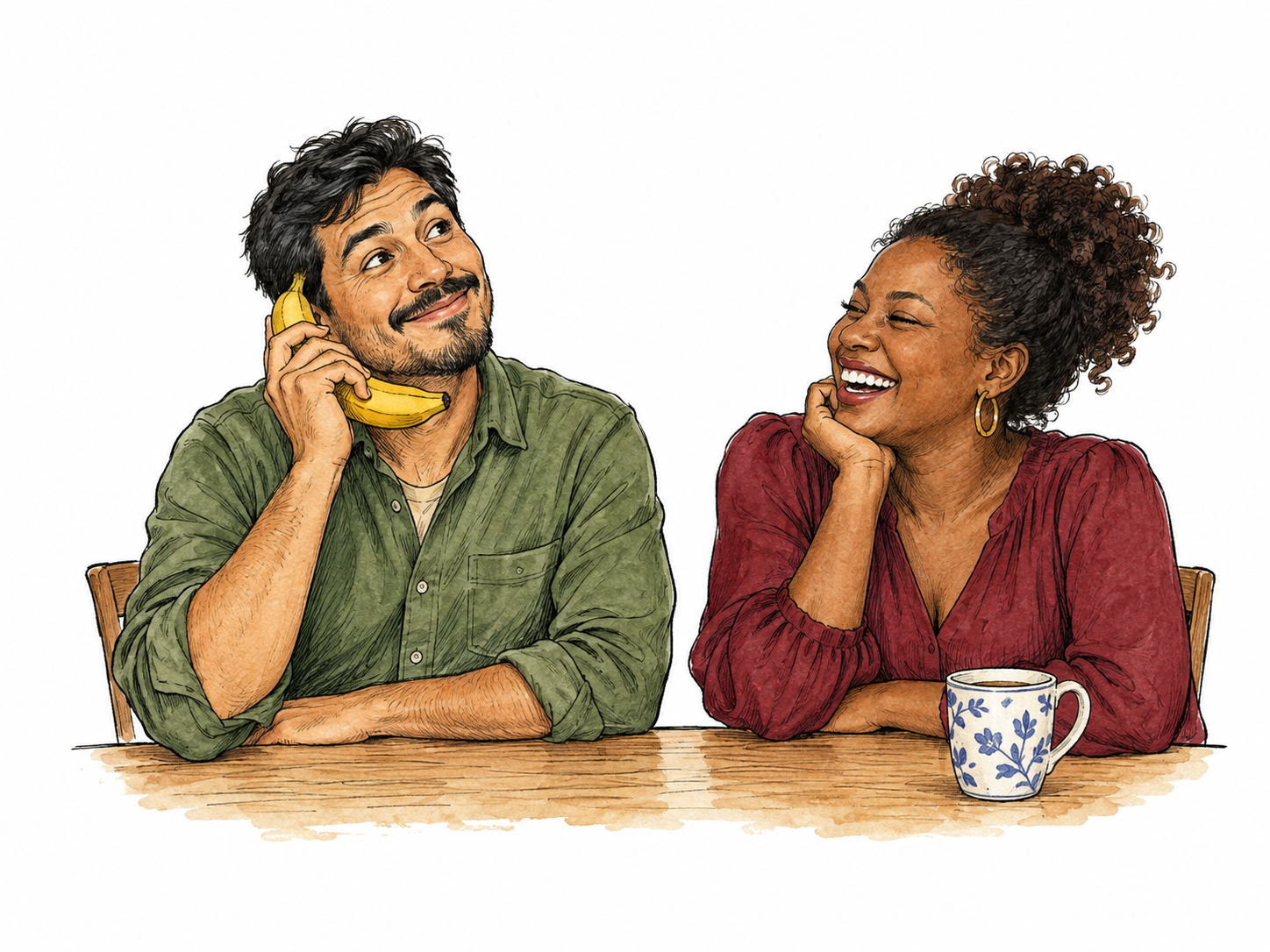 An adult makes a playful joke by pretending a banana is a telephone; his friend laughs warmly at the absurdity.