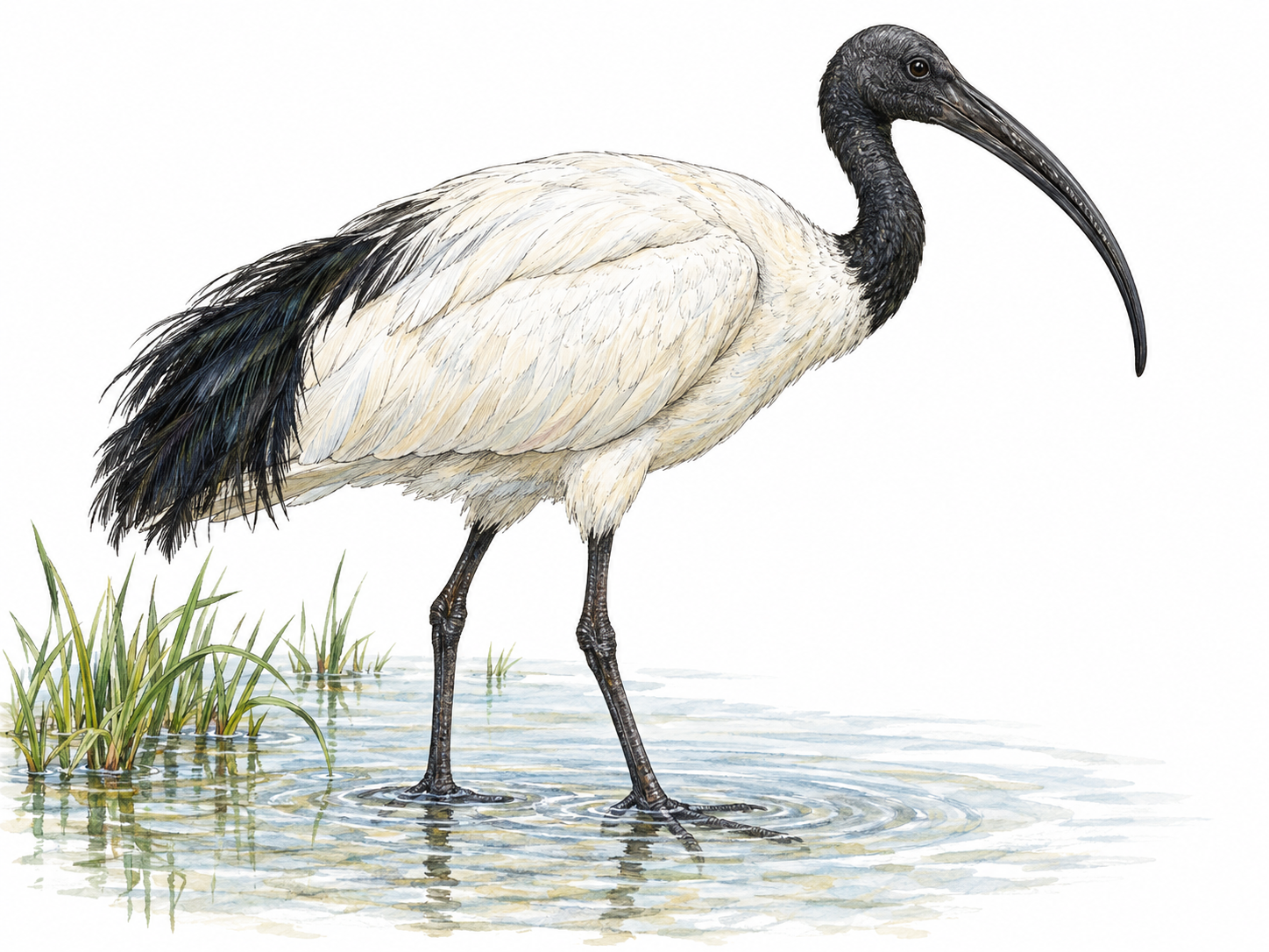 A single adult African sacred ibis stands in shallow water in clear side profile, displaying its long legs and slender, downward-curving bill.
