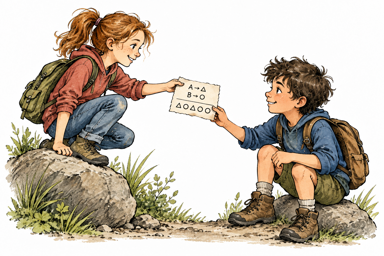Two friends exchange coded message consisting only of functional 'A→△ B→○' key and short triangle-circle sequence, no ordinary sentences or captions.