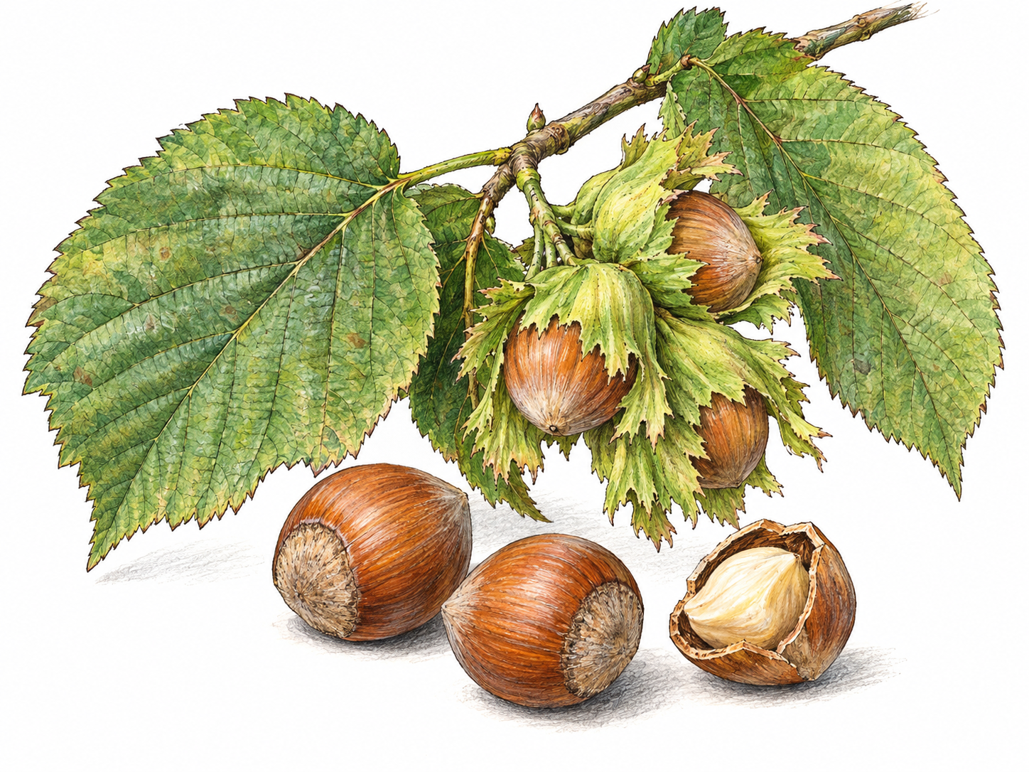 A close botanical still life of ripe hazelnuts: a leafy twig bearing nuts in fringed green husks, with loose brown nuts and one cracked shell exposing the edible kernel beneath it.