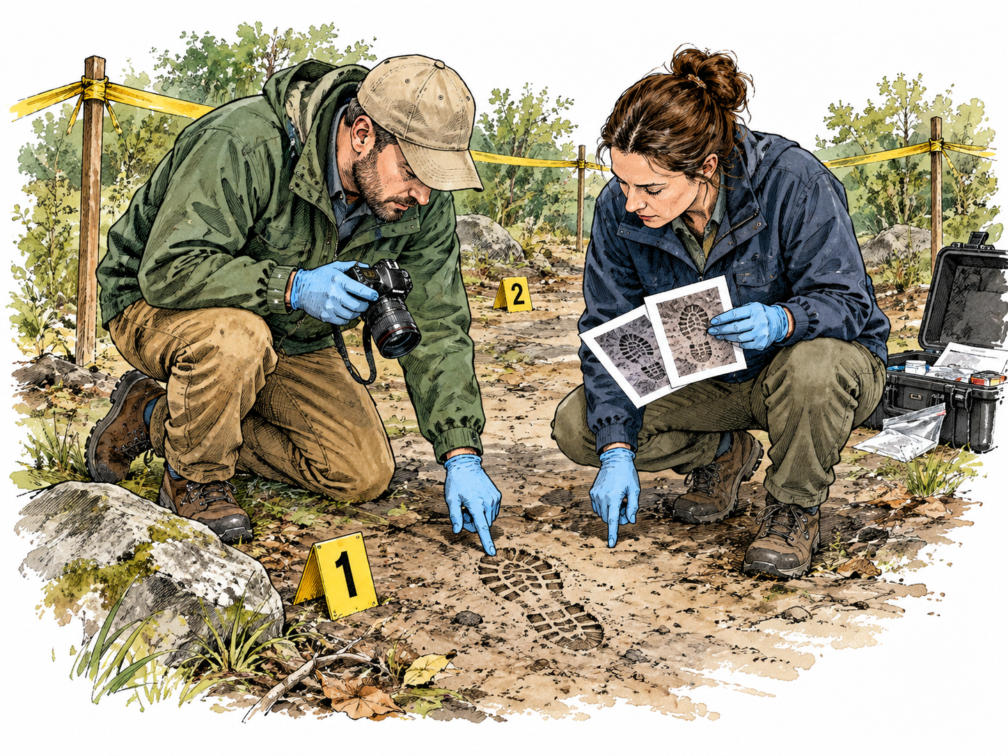 Investigators compare footprints and photographs at a roped-off scene.
