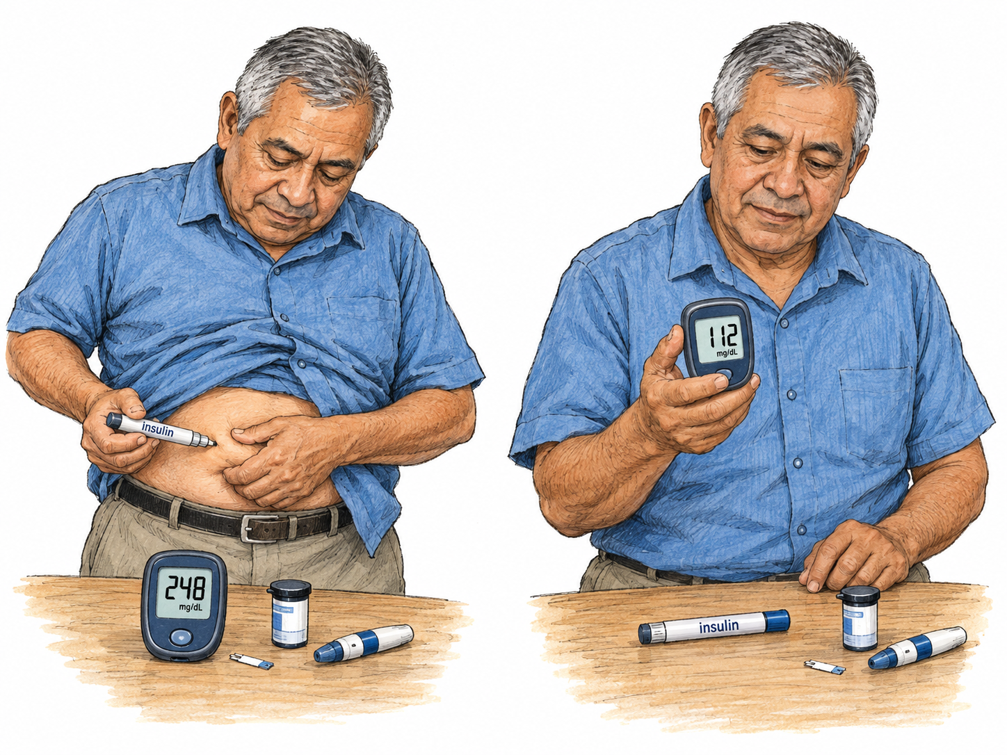 Show insulin through its recognizable medical preparation and its blood-sugar-regulating effect: a compact two-moment scene pairs insulin administration at a high glucose reading with a later reading in the usual target range.