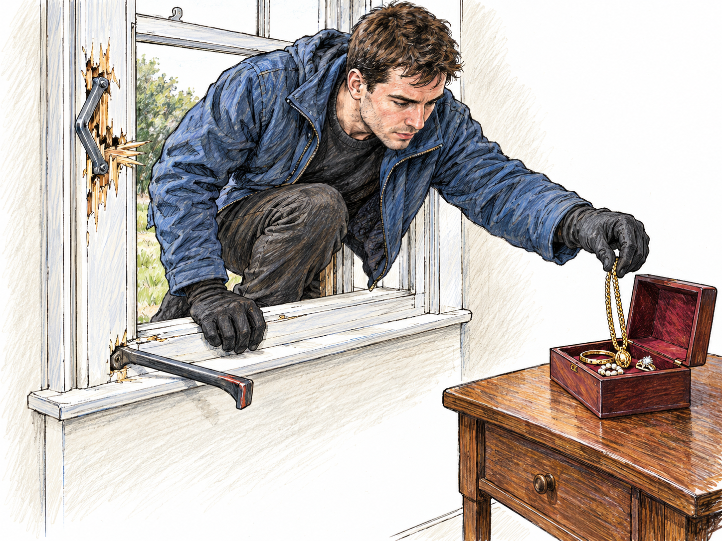 A burglar halfway through a visibly forced house window reaches for a jewelry box inside.