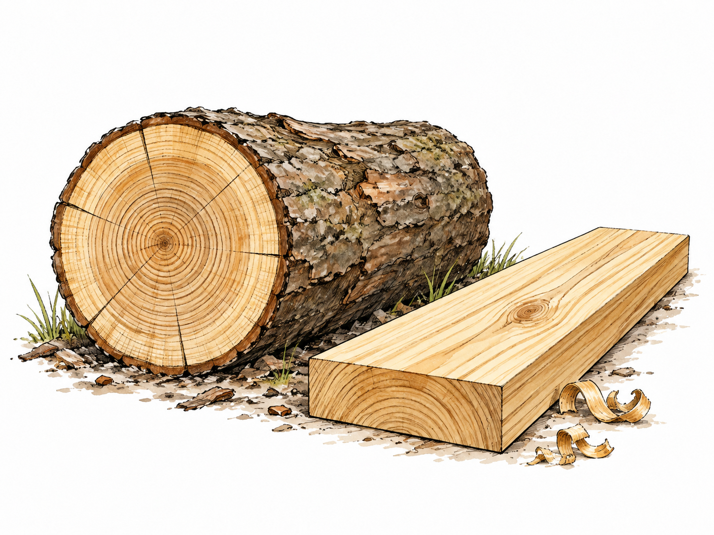 A clean cross-section of a tree log beside a planed timber board.