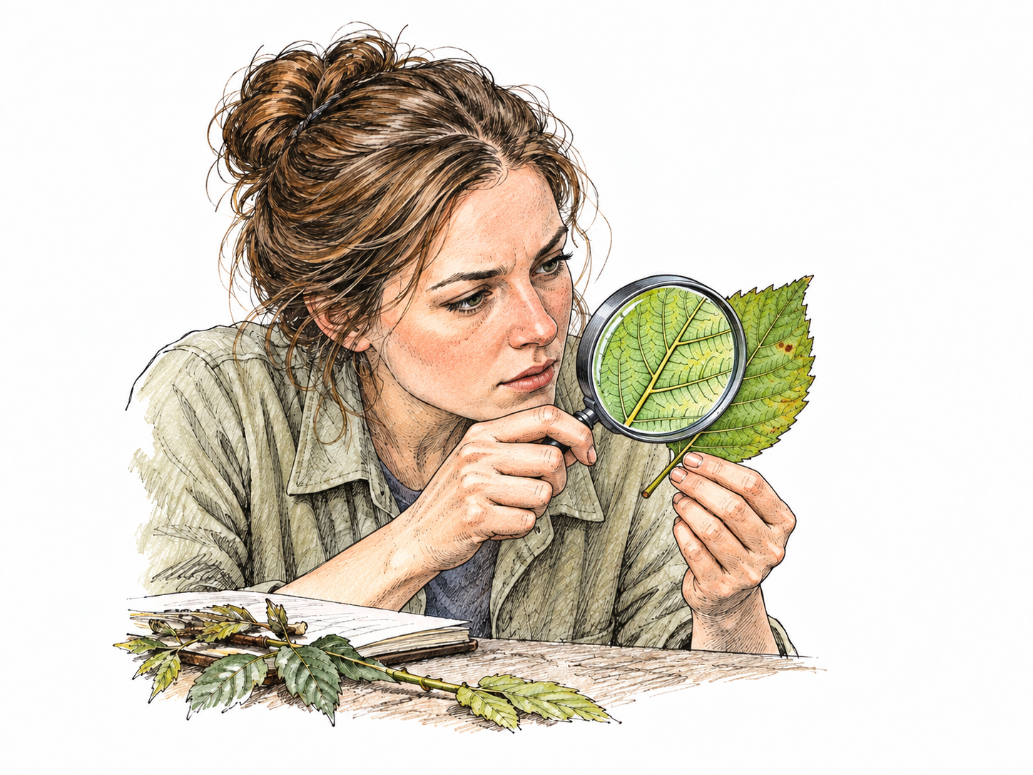 Scientist studies a leaf closely through a handheld magnifying glass, enlarged veins visible through lens, careful inspection rather than casual glance.