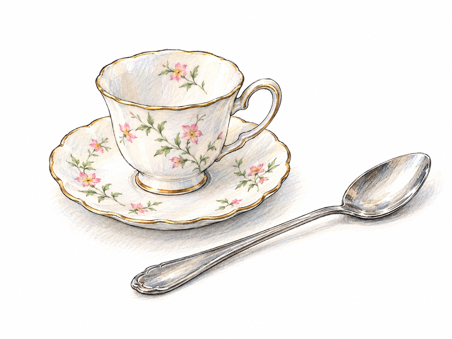 A tiny, finely decorated porcelain teacup on a matching saucer, with a slender loop handle, thin rim, and delicate floral sprigs.