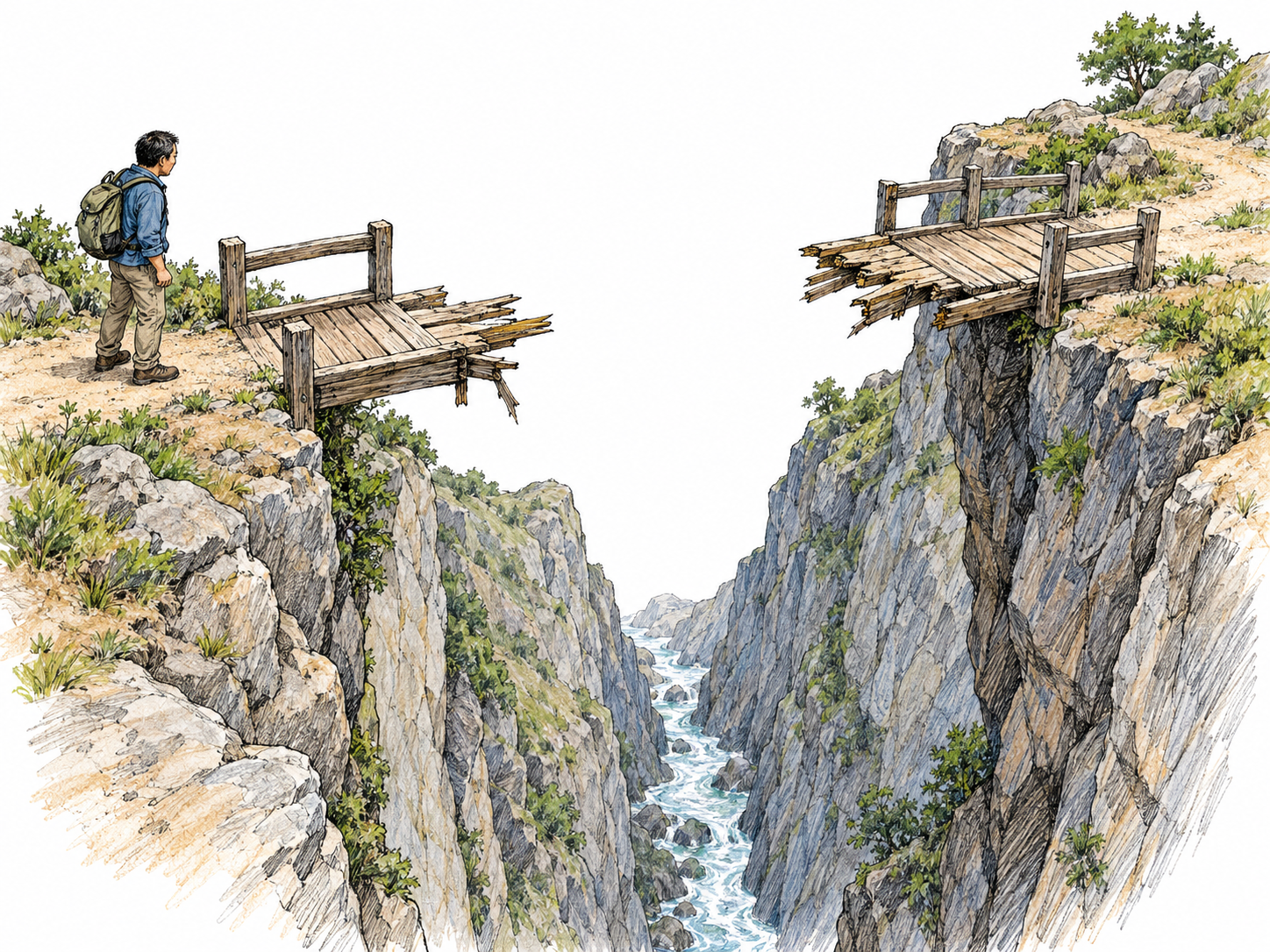 A hiker stops at the broken end of a footbridge across a deep rocky gorge.