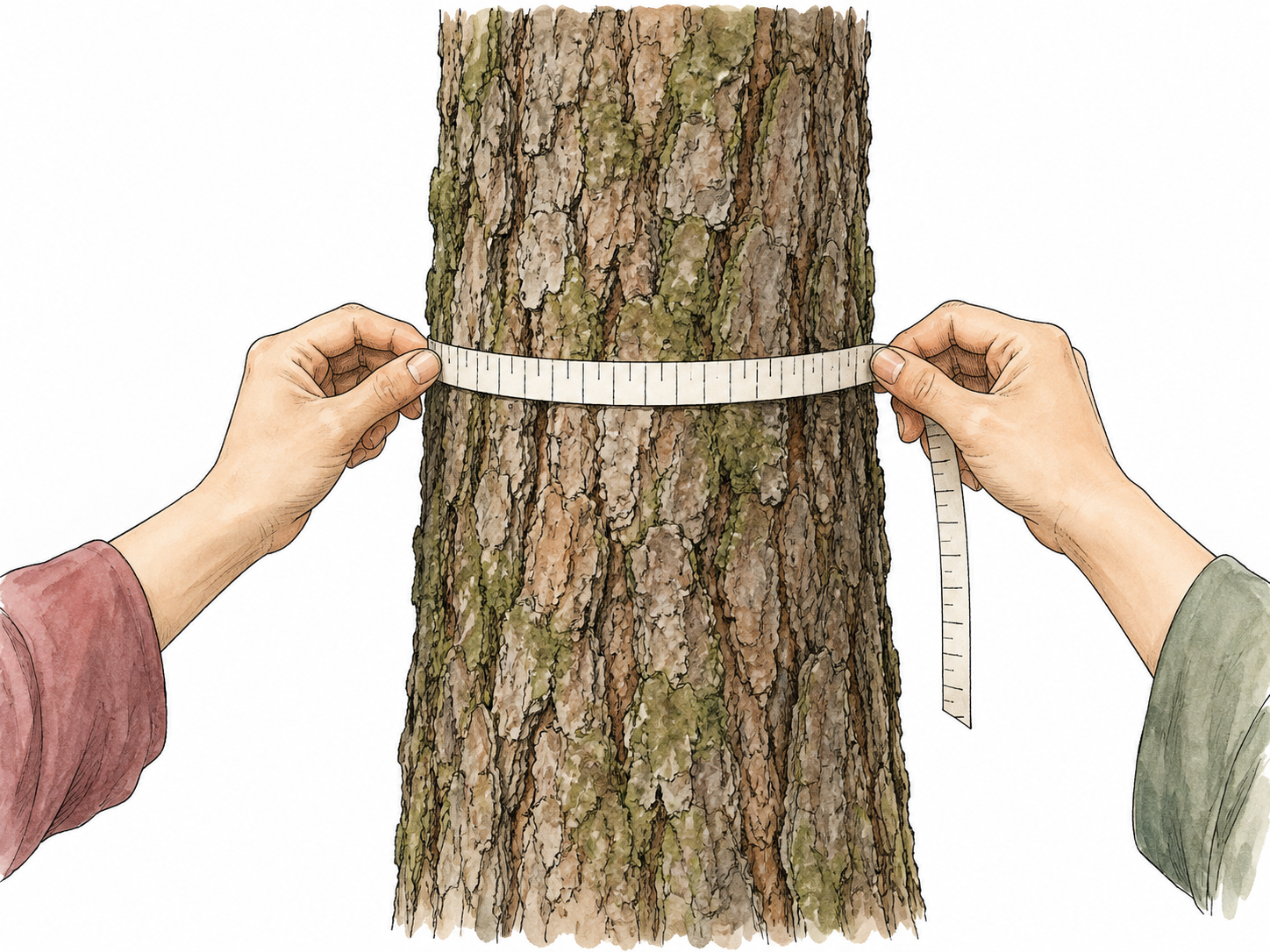 Two hands wrap a plain measuring tape snugly once around the middle of a cylindrical tree trunk.
