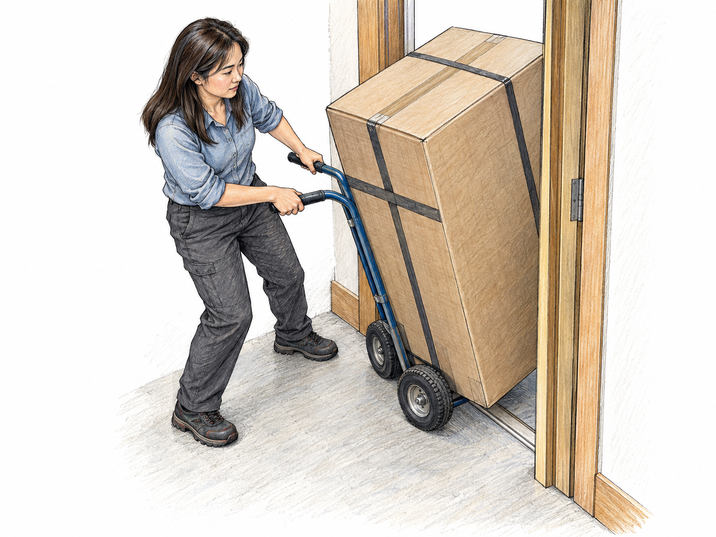 A woman carefully pivots a hand truck carrying a bulky appliance through a narrow doorway, angling the load to clear the jamb.