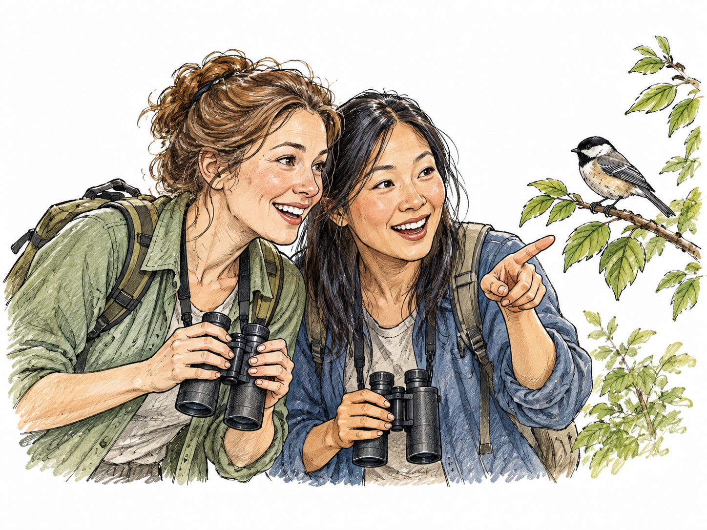 Two adult women, one white and one East Asian, spontaneously lean together with warm interest over a shared birdwatching sight, binoculars lowered and matching delighted gestures.