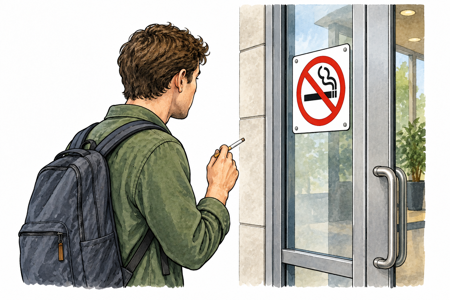 A person stops at a clearly readable no-smoking sign, red crossed-out cigarette symbol, clean public doorway.