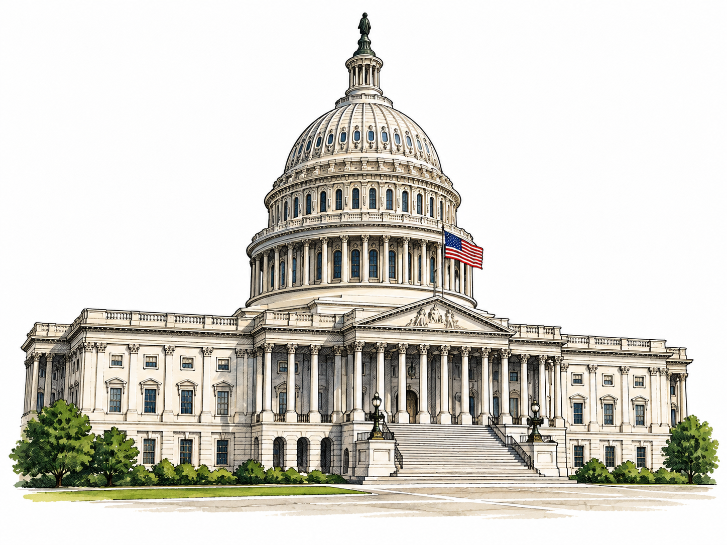 The United States Capitol is shown as a clear isolated national-government building with a small flag and sparse ground; natural architectural ink, no political slogans.