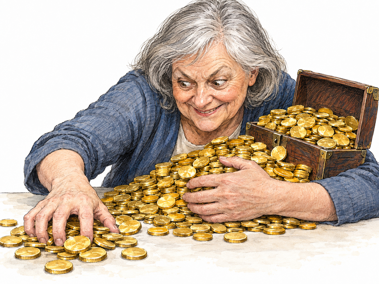 An already wealthy woman protectively hugs a large mound of gold coins while eagerly raking still more coins toward herself, visibly conveying excessive acquisitiveness rather than ordinary saving.