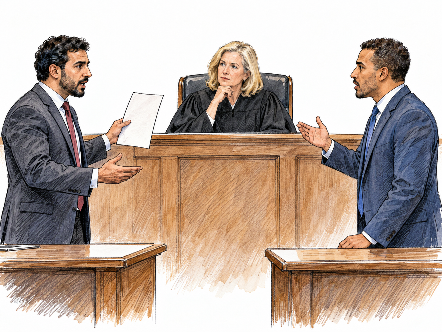 A civil courtroom dispute: opposing attorneys address a robed judge from separate counsel tables, one presenting evidence and the other contesting it.