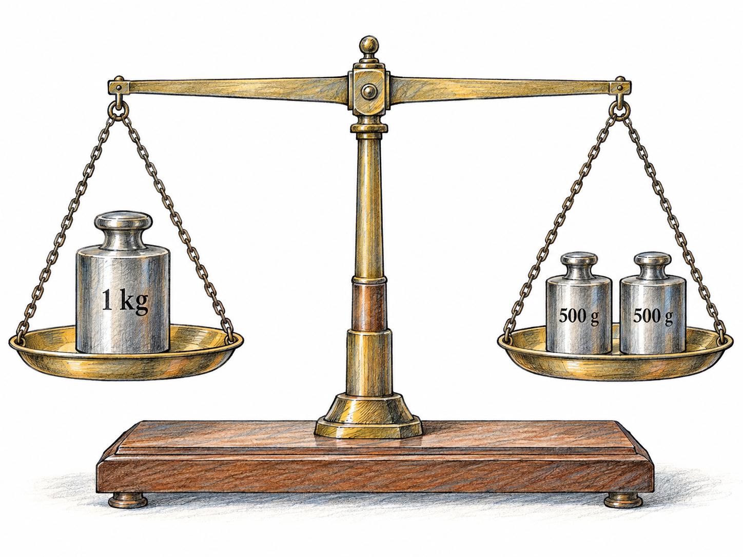 A level balance scale holds one 1 kg weight on one pan and two 500 g weights on the other, visibly demonstrating equivalent quantities despite different groupings.