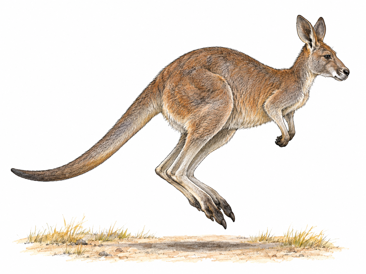 A single adult kangaroo shown in side view mid-hop, with powerful elongated hind legs, small forearms, upright ears and a long balancing tail clearly visible.