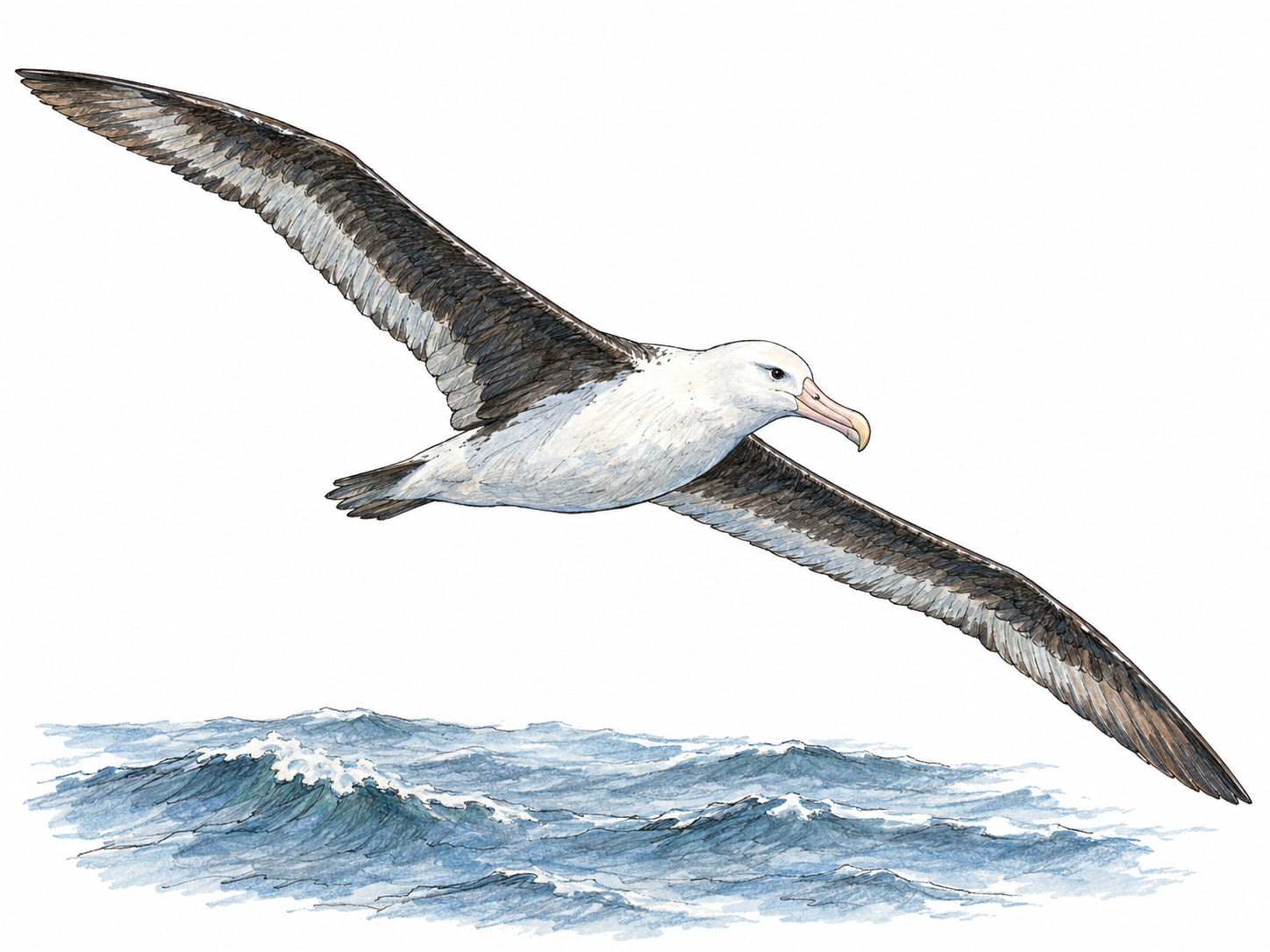 A single albatross gliding low over a small patch of ocean, its exceptionally long wings fully extended, illustrating the literal seabird sense.