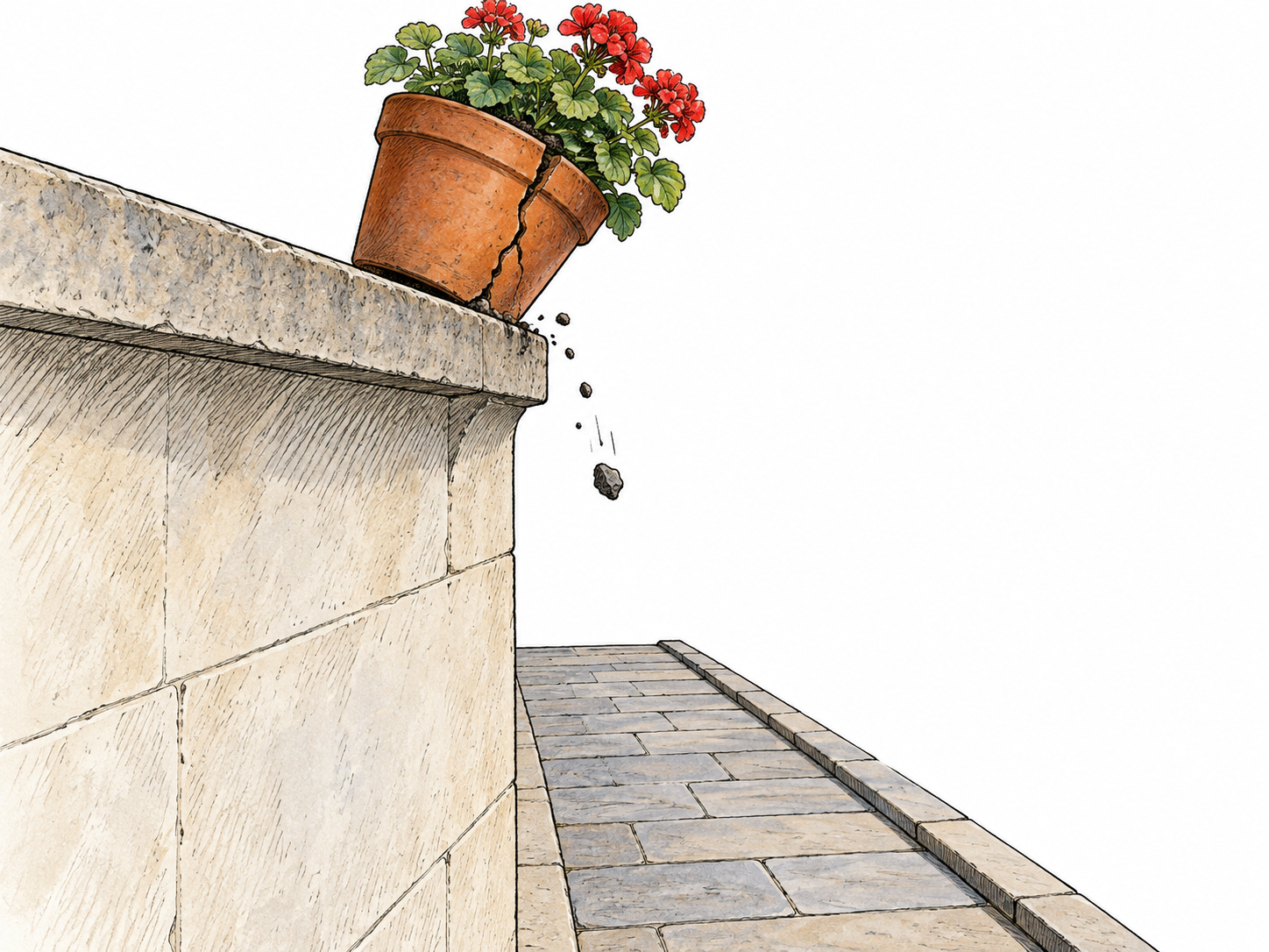 Loose heavy flowerpot teeters on high narrow ledge above empty walkway, visible crack and falling small pebble imply possible harm before accident; no injured person, sparse wall fragment.