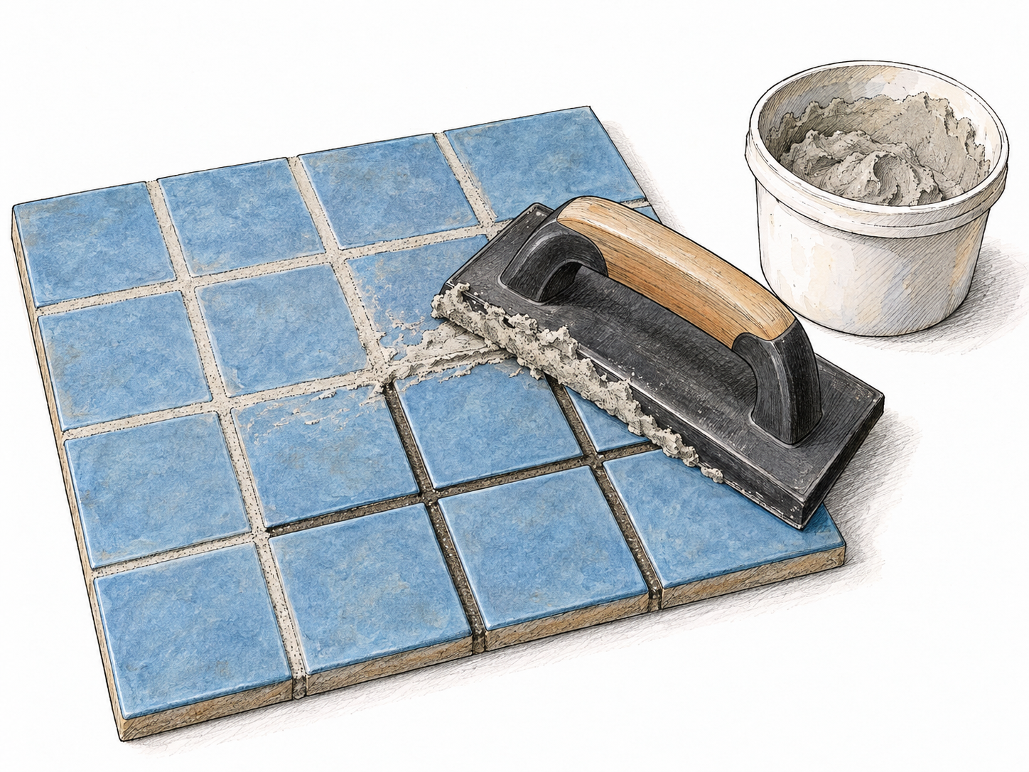 Close-up of a partially grouted ceramic tile panel, with pale gray mortar visibly filling some joints while adjacent joints remain open.