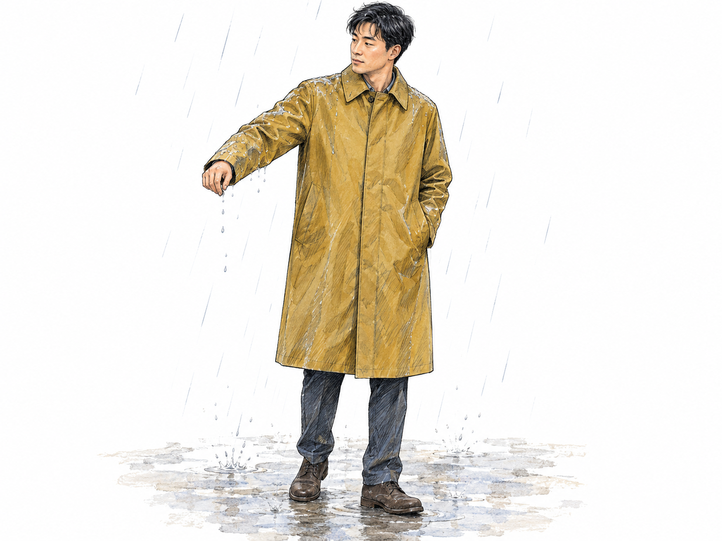 A young man wearing a classic knee-length waterproof raincoat in light rain, with water visibly beading and running off its outer surface.