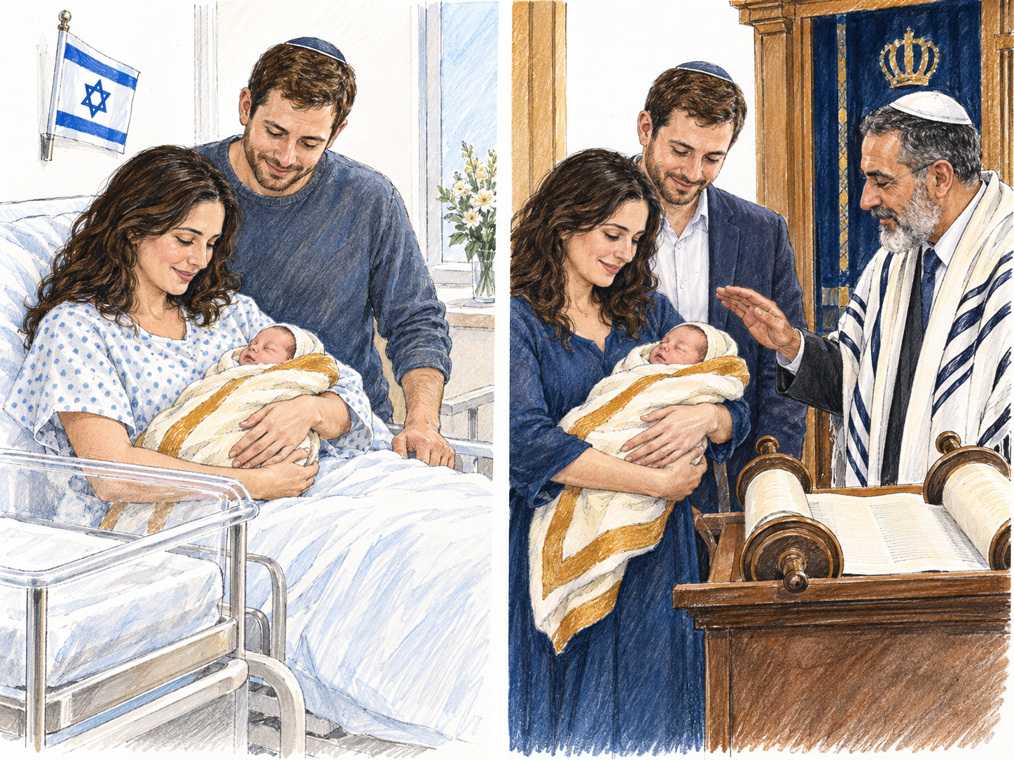 A newborn Jewish girl shown immediately after birth in an Israeli maternity ward, then with the same parents at a Jewish baby-naming ceremony.