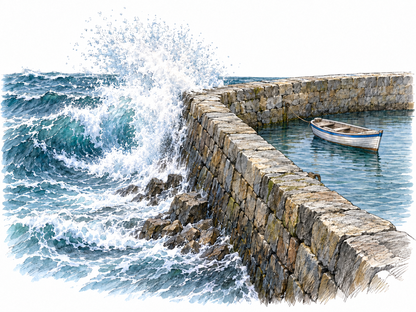 A breakwater bears the concentrated impact of a storm wave, with towering spray on its seaward face while a small boat floats in the sheltered water immediately behind it.