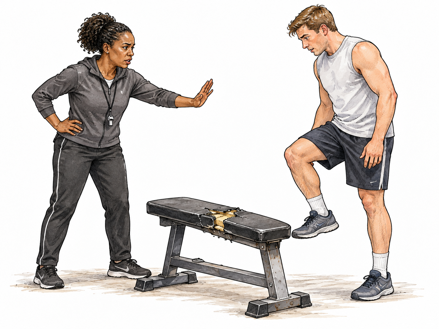 A coach firmly warns an adult athlete against stepping onto damaged equipment, open caution hand and serious expression, no aggression.