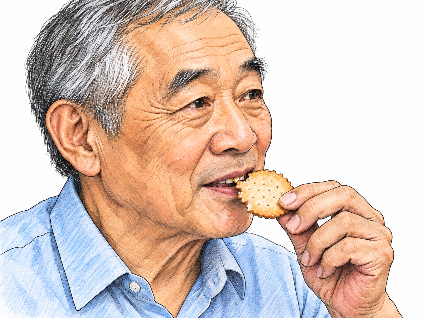 An older man takes a tiny bite from the edge of a plain biscuit, with several small scalloped bite marks already visible along that edge.