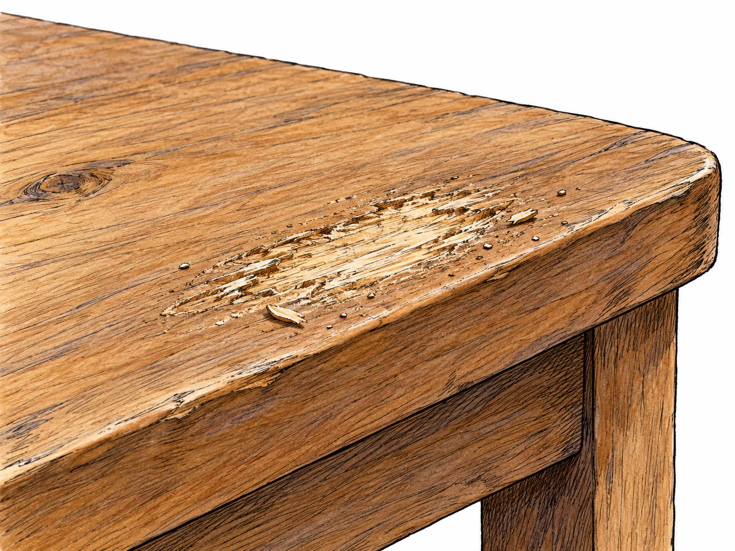 A close view of a wooden surface has a shallow scraped area with worn fibers and fine debris; chooses another-surface sense, no graphic wound.