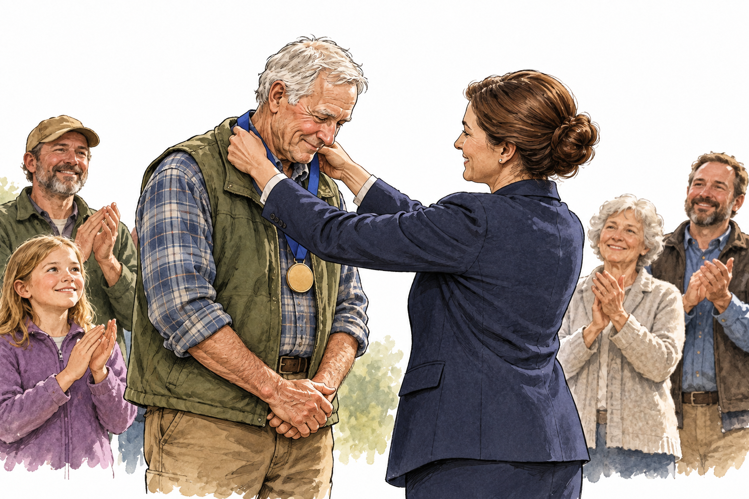A community presenting a plain medal to an older volunteer while onlookers applaud respectfully, dignified modern ceremony, no lettering or banners.