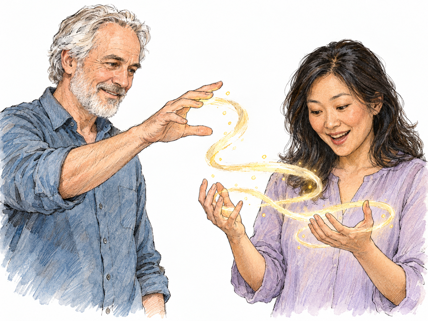 An older man casts a gentle magical spell toward a middle-aged woman, who watches the curling glow around her hands with an enchanted, absorbed expression.