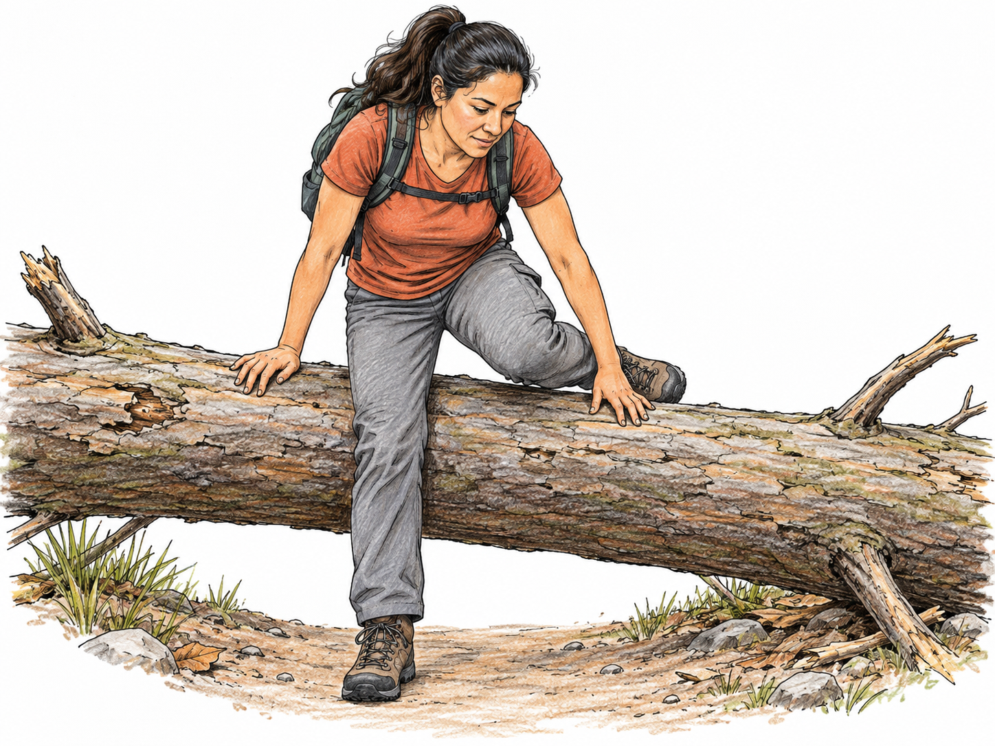 Hiker climbs over fallen tree blocking trail, one leg already over and hands steady on trunk, obstacle being overcome, sparse trunk/ground only white background.