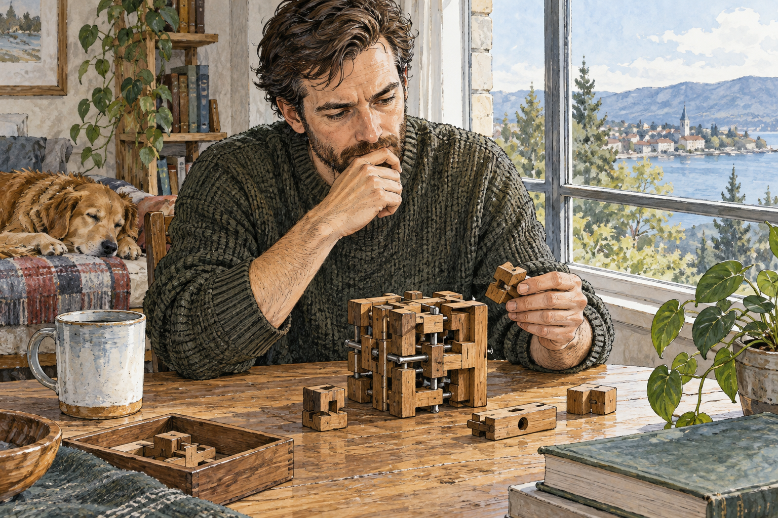 A modern adult sits quietly by a window concentrating deeply on an intricate mechanical puzzle, hand at chin, no writing.