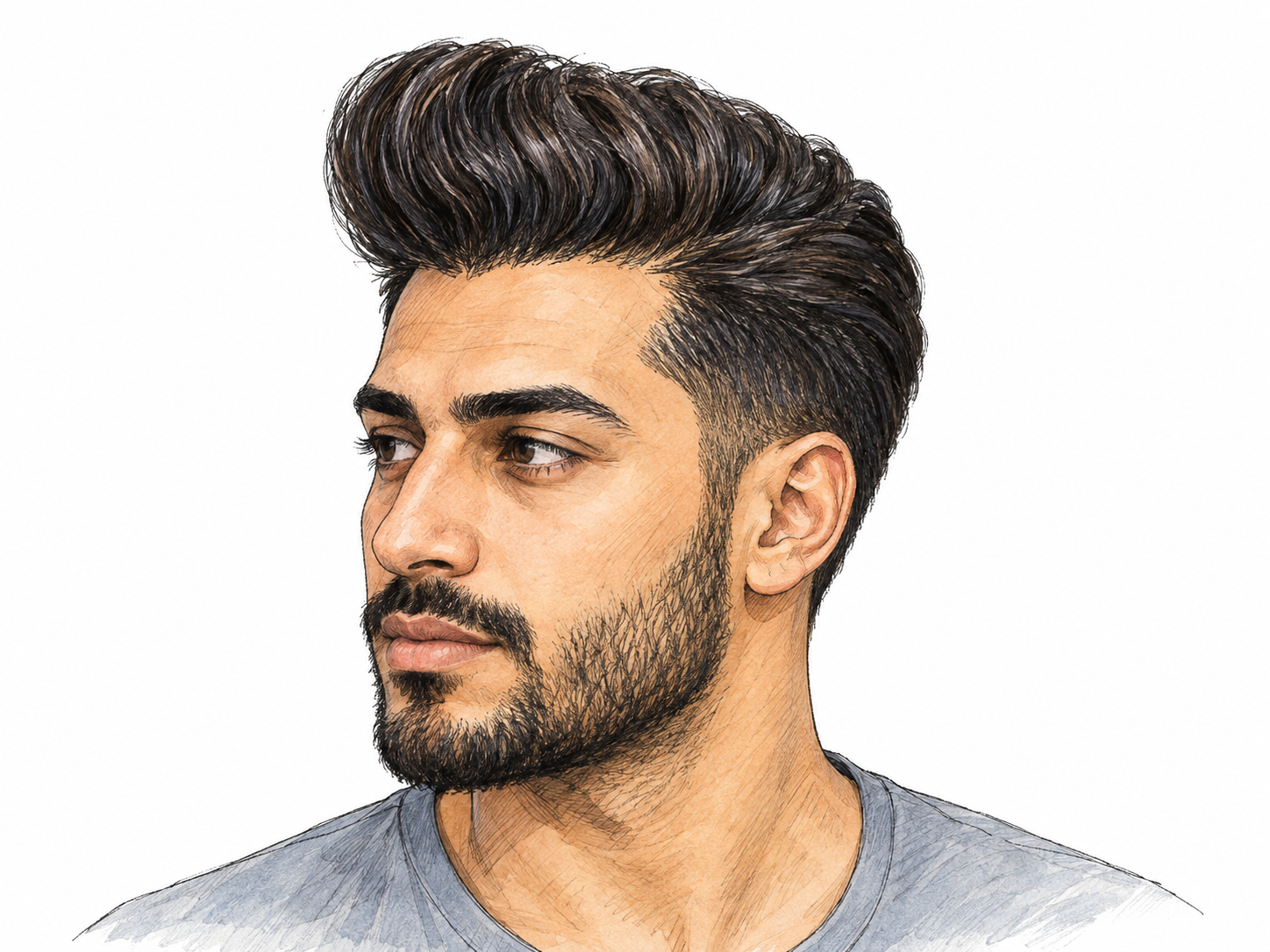 A close three-quarter profile of a young man with a clearly shaped pompadour: the hair rises prominently above the forehead, then sweeps backward over the crown, with shorter sides leaving the silhouette unobstructed.