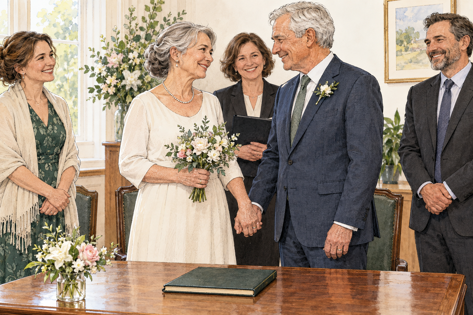 An older adult couple stands together holding hands after a small civil wedding ceremony, matching wedding bands visible, a civil officiant and two witnesses smile nearby, a plain closed register on table.